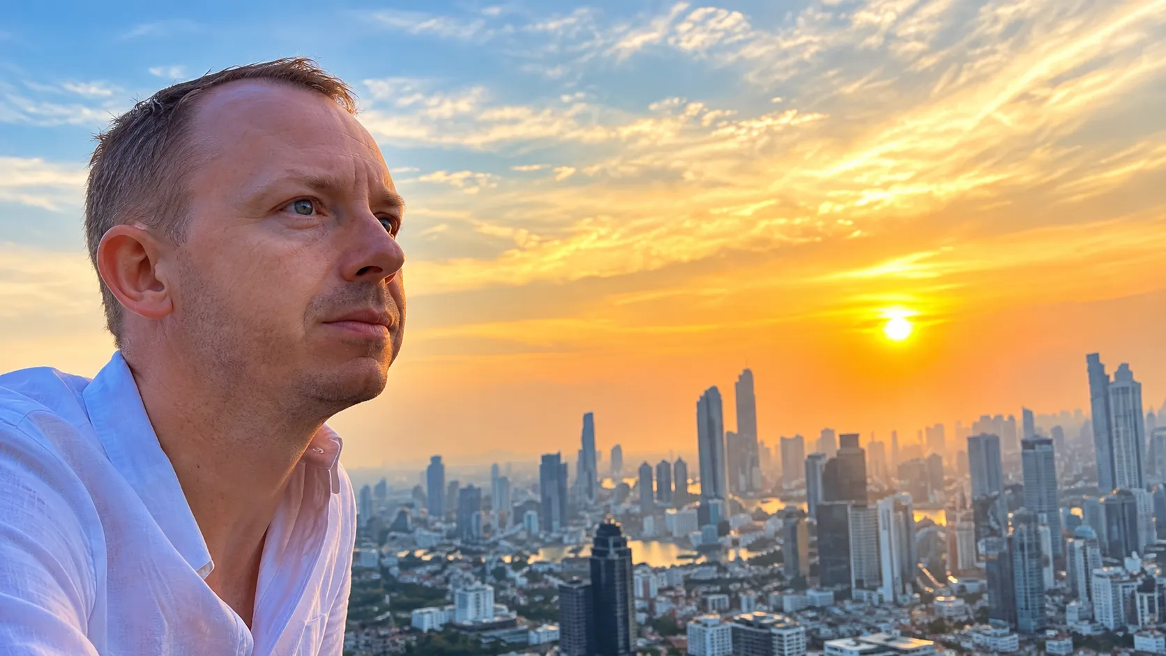 Dennis kijkt uit over de skyline van Bangkok bij zonsondergang.